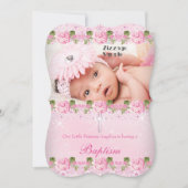 写真 ピンクのバラの花の洗礼 赤ちゃんの女の子 招待状 (正面)