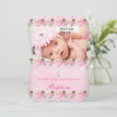 写真 ピンクのバラの花の洗礼 赤ちゃんの女の子 招待状 (スタンド正面)