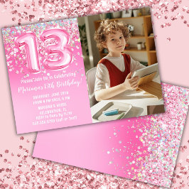 写真 ピンクのラメ 13歳の誕生日 招待状