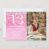 写真 ピンクのラメ 13歳の誕生日 招待状 (正面)