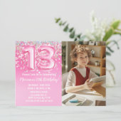 写真 ピンクのラメ 13歳の誕生日 招待状 (スタンド正面)