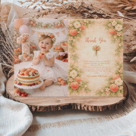 写真 ピンクの花 オレンジの花のファーストバースデー 1歳の誕生日 サンキューカード