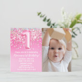 写真 ピンク グリッター 1歳誕生日 招待状 (スタンド正面)
