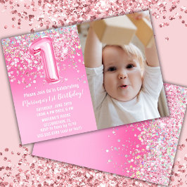 写真 ピンク グリッター 1歳 誕生日 招待状