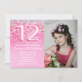 写真 ピンク グリッター 12歳の誕生日 招待状 (正面)