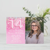 写真 ピンク グリッター 14歳の誕生日 招待状 (スタンド正面)