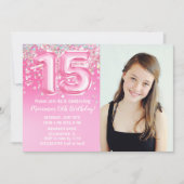 写真 ピンク グリッター 15歳の誕生日 招待状 (正面)