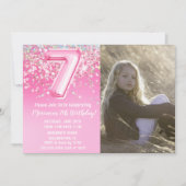 写真 ピンク グリッター 7歳の誕生日 招待状 (正面)