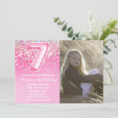写真 ピンク グリッター 7歳の誕生日 招待状 (スタンド正面)