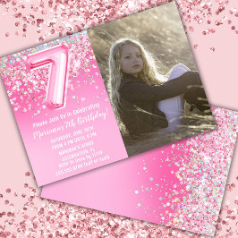 写真 ピンク グリッター 7歳の誕生日 招待状