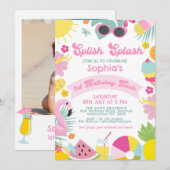 写真 ピンク バナー レトロ スプ リッシュ スプラッシュ 1歳 誕生日 招待状 (正面/裏面)