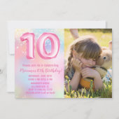 写真 ピンク レインボー 10歳の誕生日 招待状 (正面)