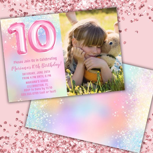 写真 ピンク レインボー 10歳の誕生日 招待状