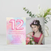 写真 ピンク レインボー 12歳の誕生日 招待状 (スタンド正面)