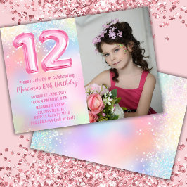 写真 ピンク レインボー 12歳の誕生日 招待状