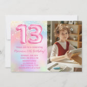 写真 ピンク レインボー 13歳の誕生日 招待状 (正面)