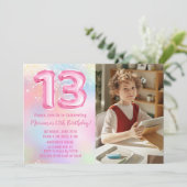 写真 ピンク レインボー 13歳の誕生日 招待状 (スタンド正面)