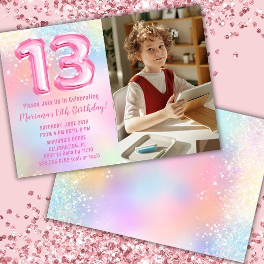 写真 ピンク レインボー 13歳の誕生日 招待状