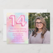 写真 ピンク レインボー 14歳の誕生日 招待状 (正面)