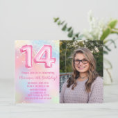写真 ピンク レインボー 14歳の誕生日 招待状 (スタンド正面)