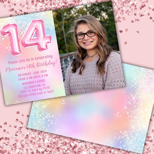 写真 ピンク レインボー 14歳の誕生日 招待状