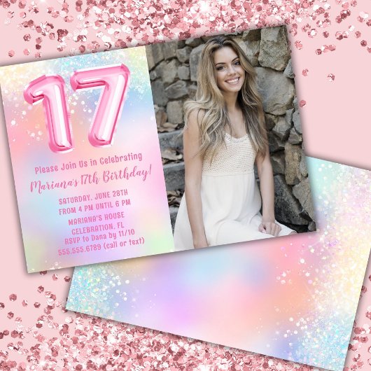 写真 ピンク レインボー 17歳の誕生日 招待状