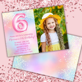 写真 ピンク レインボー 6歳の誕生日 招待状