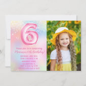 写真 ピンク レインボー 6歳の誕生日 招待状 (正面)