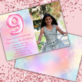 写真 ピンク レインボー 9歳の誕生日 招待状