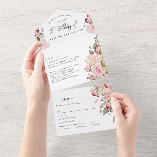 写真、ピンク、赤面、バーガンデ結婚ィーズ・ティアオフRSVP オールインワン招待状 (貼ってはがせる)