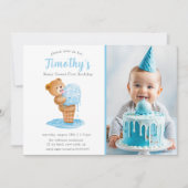 写真 ファースト バースデー 男の子 テディベア アイスクリーム 招待状 (正面)