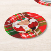 写真 – フェスティバルクリスマスレッドタータンチェック写真枠 ラウンドペーパーコースター (アングル)