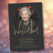 写真 ブラック&ゴールド手書きスクリプト 100歳の誕生日 招待状