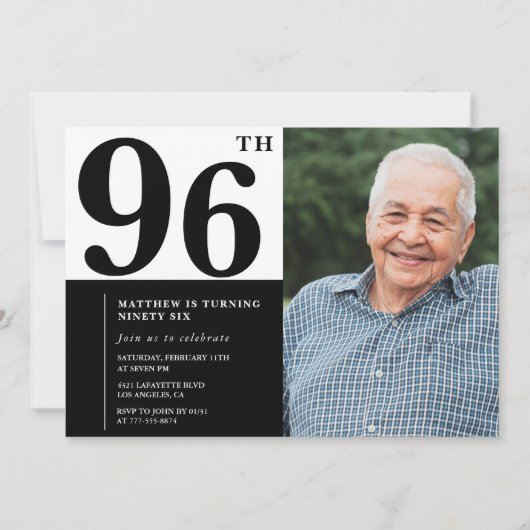 写真 ブラック&ホワイト 96歳の誕生日 招待状 (正面)