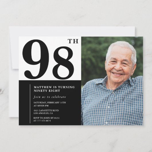 写真 ブラック&ホワイト 98歳の誕生日 ご招待状 招待状 (正面)