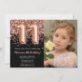 写真 ブラック ローズ ゴールド グリッター 11歳の誕生日 招待状 (正面)