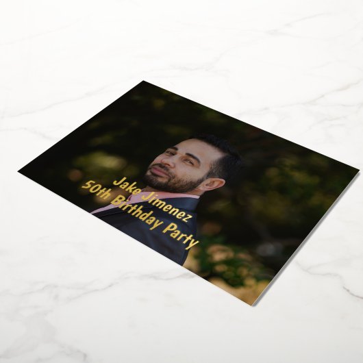 写真 ブラック 50歳 サプライズ 誕生日 ゴールド 箔招待状 (回転した状態)