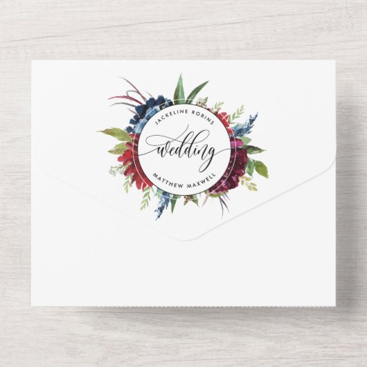 写真、ブルゴーニュ、ブルー結婚ズ、および穴あき出欠勤の出欠確認 オールインワン招待状 (裏面)