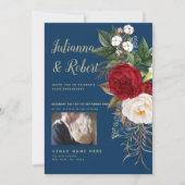 写真 ボーホー ネイビーブルーとバーガンディ フラワーズ 招待状 (正面)