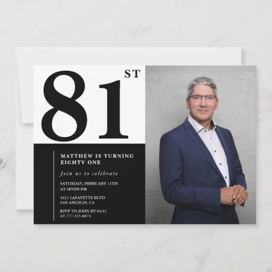写真 モノクロ 81歳 誕生日 ご招待 招待状 (正面)