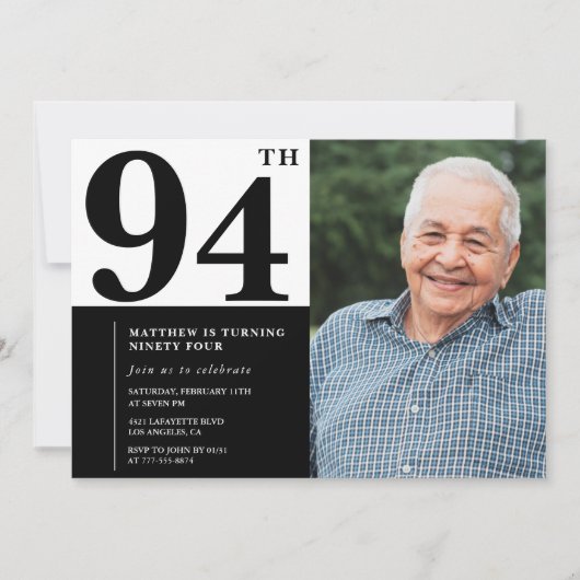 写真 モノクロ 94歳の誕生日パーティー招待状 招待状 (正面)