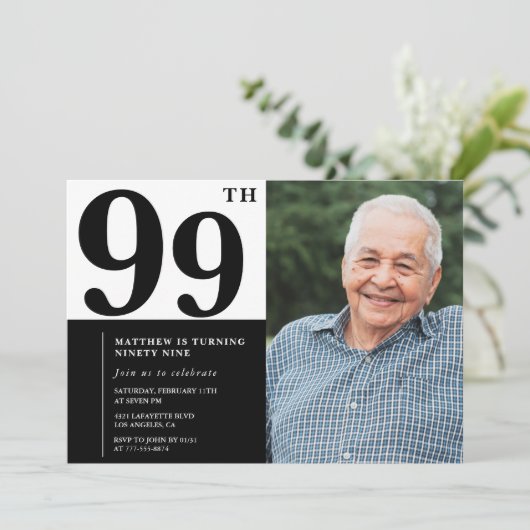 写真 モノクロ 99歳 誕生日 招待状 (スタンド正面)