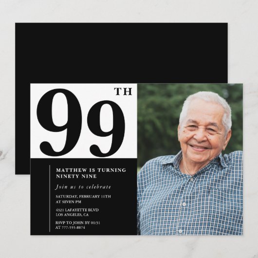 写真 モノクロ 99歳 誕生日 招待状 (正面/裏面)