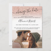 写真 ローズゴールド グリッター スクリプト 変更日 招待状 (正面)