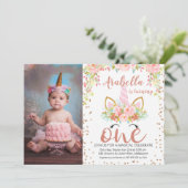 写真 ローズゴールド ユニコーン 1歳 誕生日招待状 招待状 (スタンド正面)