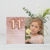 写真 ローズゴールド 女の子 11歳 誕生日パーティー 招待状 (スタンド正面)