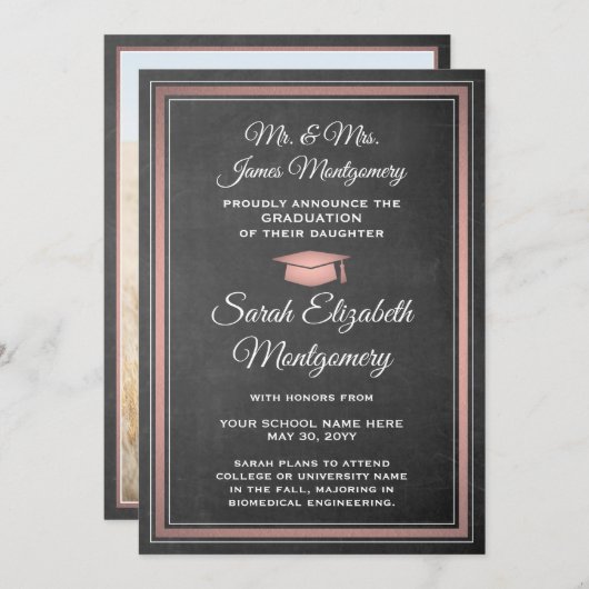 写真：両親のシャルボードとピンクの卒業式 案内状 (正面/裏面)