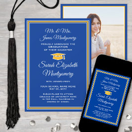 写真：両親の青と金ゴールドフォーマル卒業 案内状