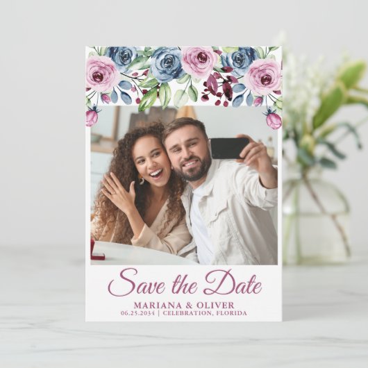 写真 保存日付 ネイビーブルー ワインレッド 花 招待状 (スタンド正面)