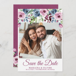 写真 保存日付 ネイビーブルー ワインレッド 花 招待状